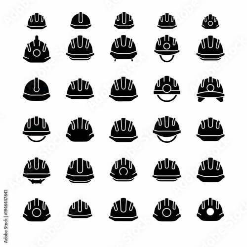Collection of Hard Hats Safety Helmets Icons for Construction and Industrial Work Solid Black Silhouettes