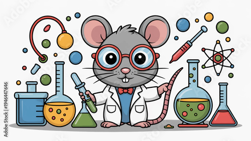 Curious cartoon mouse in lab coat conducts science experiment with colorful beakers and test tubes
