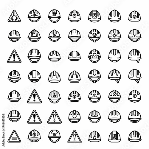 Collection of hard hat icons construction safety helmets and warning signs for building industry and hazard alert symbols