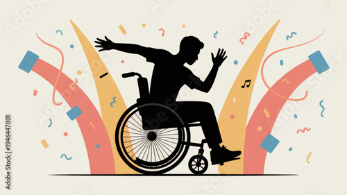 Disabled man in wheelchair celebrating with arms outstretched amidst colorful confetti and streamers
