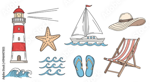 Set of 8 beach icons vector, summer vacation symbols
