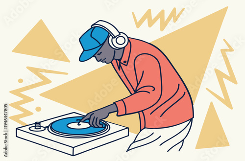 A DJ scratching a record on a turntable in a vibrant, retro-style illustration.