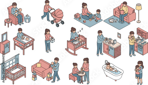 Mother and Baby Daily Routine Icon Set with Feeding, Sleeping, Playing, and Household Chores