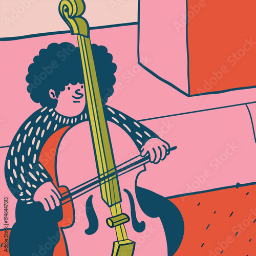 Vibrant Flat Art Illustration: Musician with Cello or Upright Bass in a Colorful Setting