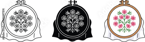 Set of floral embroidery hoop illustrations featuring outline silhouette and colored vector styles perfect for craft projects DIY and handmade designs