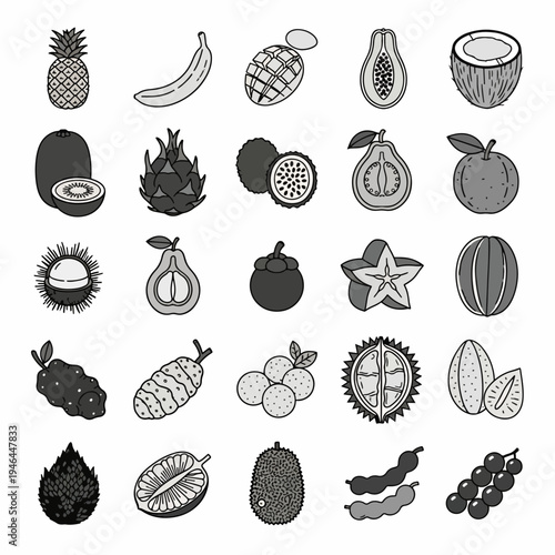 Collection of Hand-Drawn Tropical Fruits and Berries Icons Vector Set, Assorted Exotic Healthy Food Elements