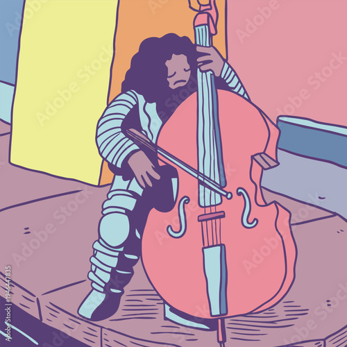 Soulful Serenade: A lone musician with curly hair plays an upright bass in a pastel, contemplative scene.