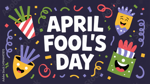 Colorful april fool's day celebration with confetti and party hats on dark background