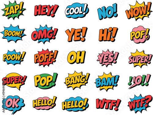 Comic text bubble pop art style with colorful words zap hey cool wow omg bang super hello wtf, cad drawing flat vector illustration