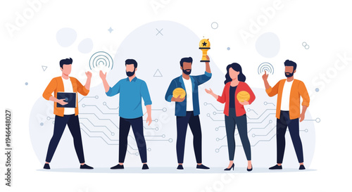 Teamwork success: Diverse people celebrate victory with trophy and golden spheres