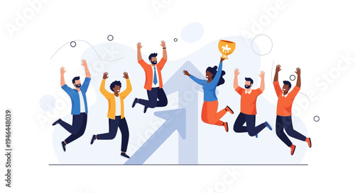 Team celebrating success with trophy and upward graph, jumping for joy