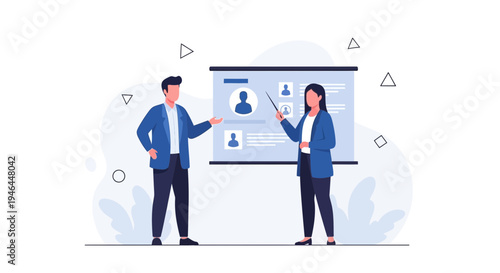 Business meeting presentation with team profiles on screen, male and female presenters