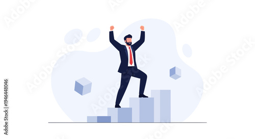 Businessman celebrating success on a rising graph, symbolizing growth and achievement.
