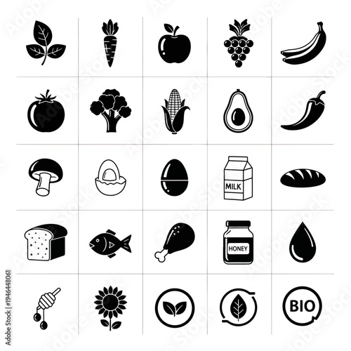 Collection of Fresh Food and Healthy Ingredients Icons Set Vector Illustration Symbols for Healthy Eating and Organic Products
