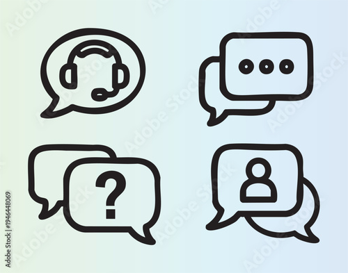 Four speech bubble icons representing communication and support queries