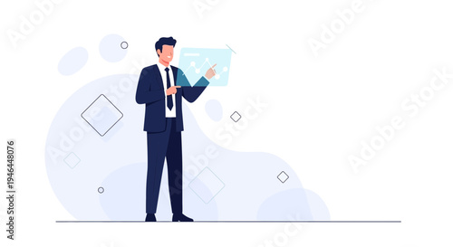 Businessman analyzing futuristic holographic financial data on a transparent screen