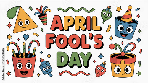 Colorful april fool's day celebration graphic with cartoon food and objects on white background