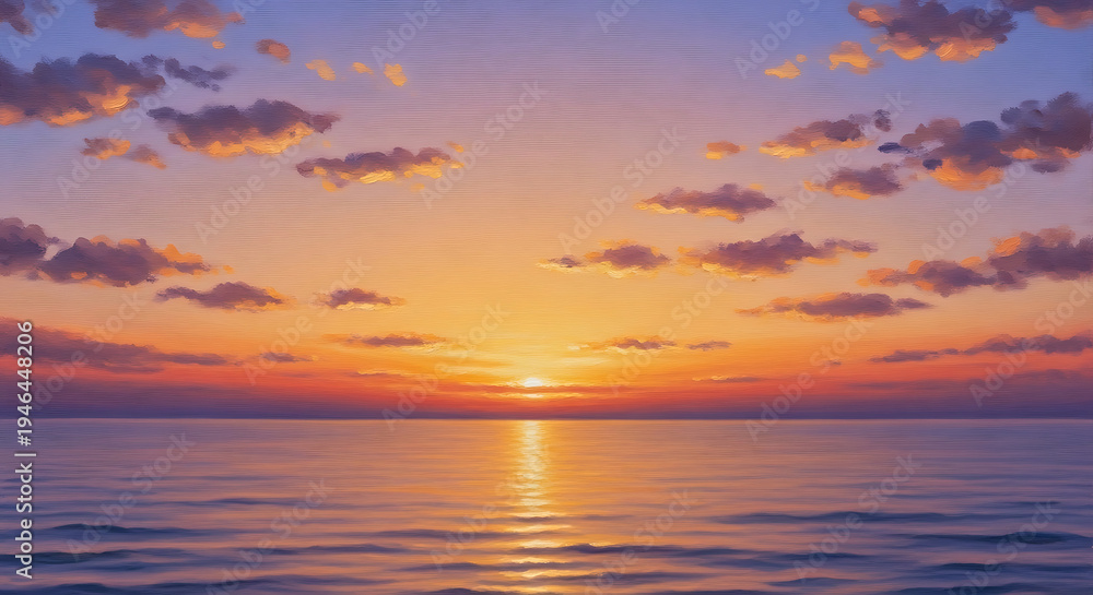 Fototapeta premium Serene sunset over vast ocean with clouds