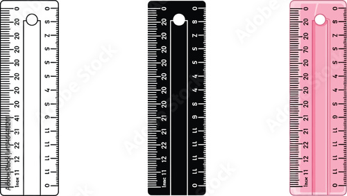 Collection of minimalist vertical rulers with numerical scales presented in outline black and pink flat vector design perfect for UI elements and measurement applications
