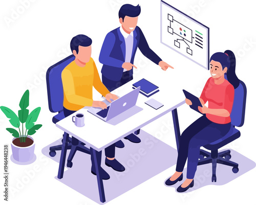 Software developers discussing flowchart in modern office