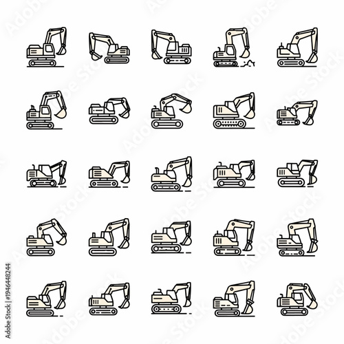 Set of excavator icons flat design heavy construction machinery for earthmoving and building industry