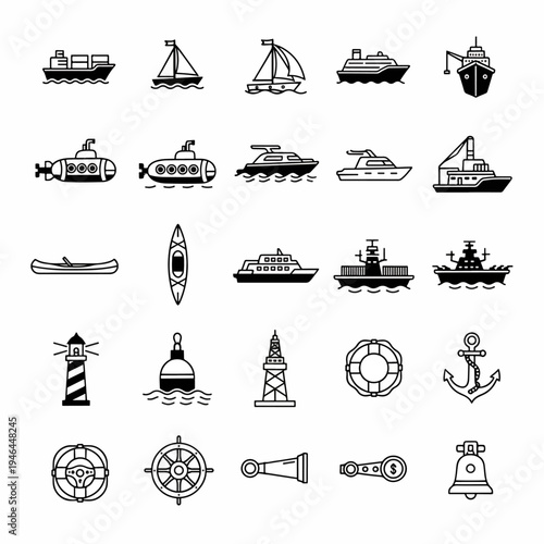 Nautical Icons Collection A Set Of Water Transport And Marine Symbols In Outline Style Vector Graphics