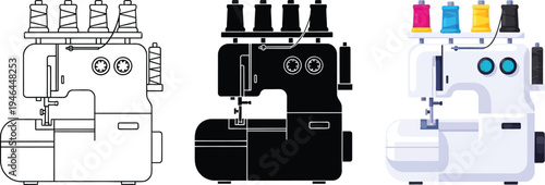 Set of overlock sewing machine illustrations featuring outline silhouette and flat design styles with colorful thread spools perfect for textile and fashion design projects