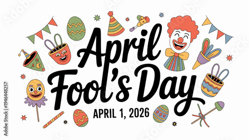 April fool's day celebration with colorful icons and clown april 1 2026 festive background