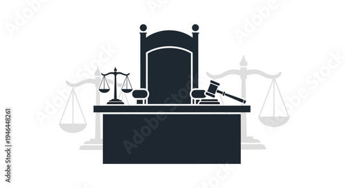 Judge desk with gavel and scales.
