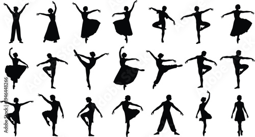Ballet and dance silhouette vector set featuring arabesques, pirouettes, expressive poses, classical movements, and elegant choreography designs