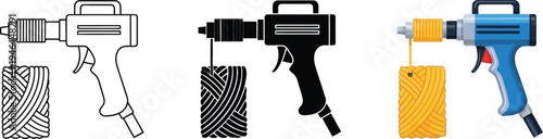 Set of tufting gun illustrations featuring outline solid black and colorful flat vector designs ideal for craft projects and textile art concepts