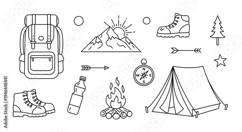 Set of 10 camping icons vector, outdoor adventure symbols