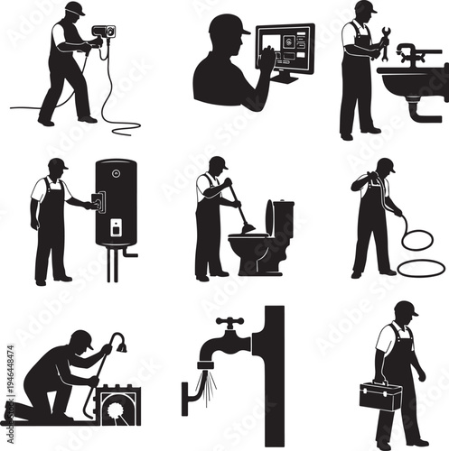 Set of 9 plumbing icons vector, black silhouette illustrations