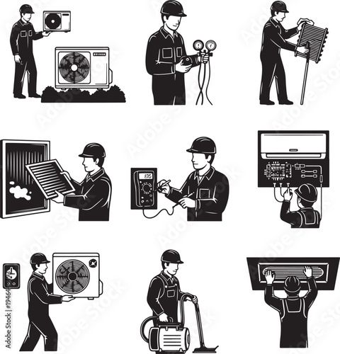 Set of 9 HVAC technician icons vector