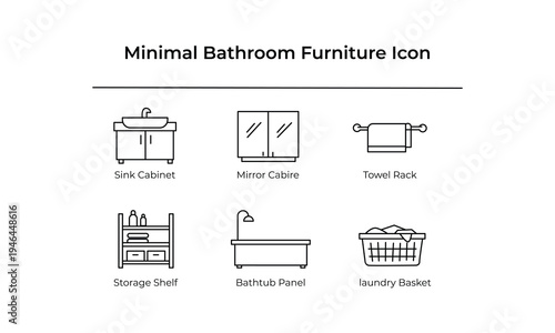 Bathroom Furniture and Accessories Icons Line Drawing Vector