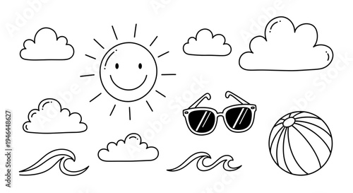 Set of 10 summer icons vector, beach and sunshine symbols