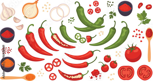 Spicy Ingredients Icon Set with Chili Peppers, Tomatoes, Garlic, and Seasonings for Cooking and Culinary Use