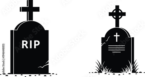 Gravestone silhouette vector set, RIP tombstone illustration, cemetery grave markers design, spooky Halloween graveyard icons, memorial headstone