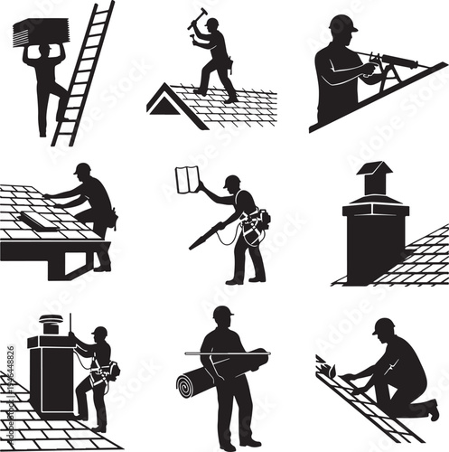 Set of 9 black silhouette construction worker icons vector