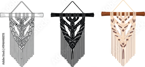 Set of three macrame wall hangings featuring bohemian style and intricate knot patterns perfect for home decor and craft projects isolated vector illustration