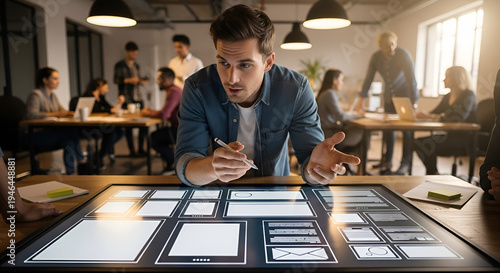 Man presenting web design layout and user interface wireframes on interactive digital screen in modern office space