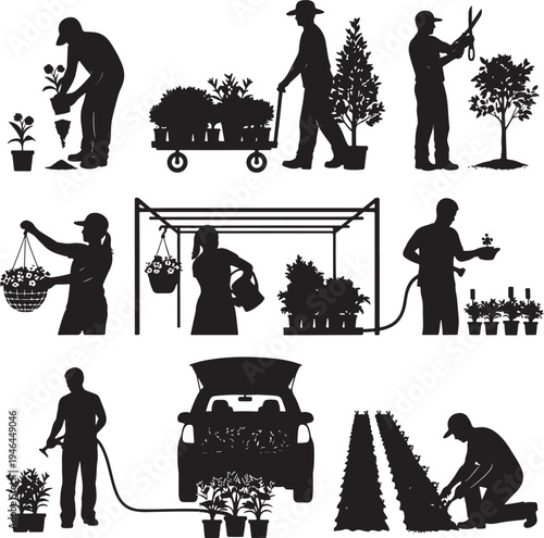 Set of 10 gardening icons vector, black silhouettes