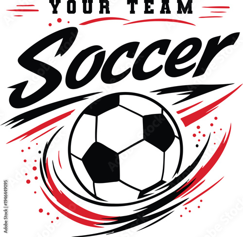 Soccer Team Shirt with dynamic soccer ball and red swoosh graphic, vector illustration for t-shirts, mugs, crafts, and digital download.