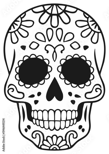 Ornate Black and White Sugar Skull Illustration for Day of the Dead Celebration
