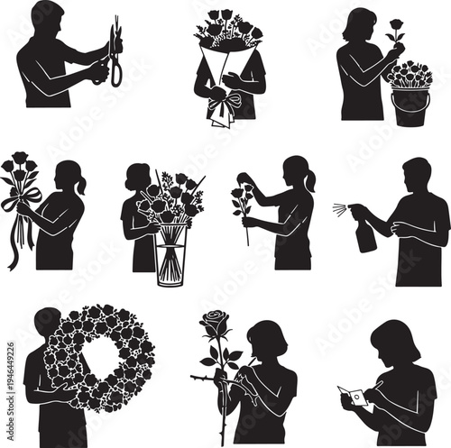 Set of 10 black silhouette floral worker icons vector