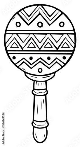 Traditional Mexican maraca percussion instrument with festive geometric patterns in black and white line art