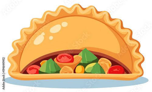 Illustration of empanada, pasty or dumpling stuffed with tomatoes, almonds and spinach on plate
