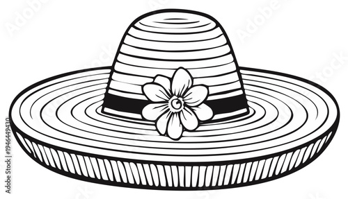 Artistic Line Drawing of a Festive Straw Hat Adorned with a Flower