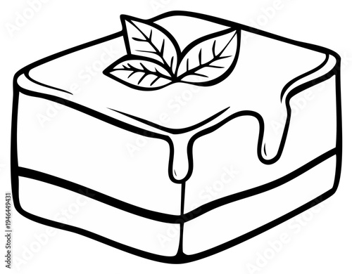Black and white illustration of a sweet dessert with glaze and mint