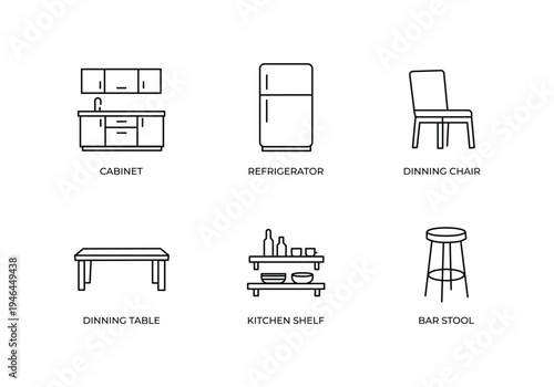  Kitchen Furniture and Appliance Icons Line Drawing Vector